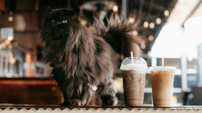 cat standing on a table at a café